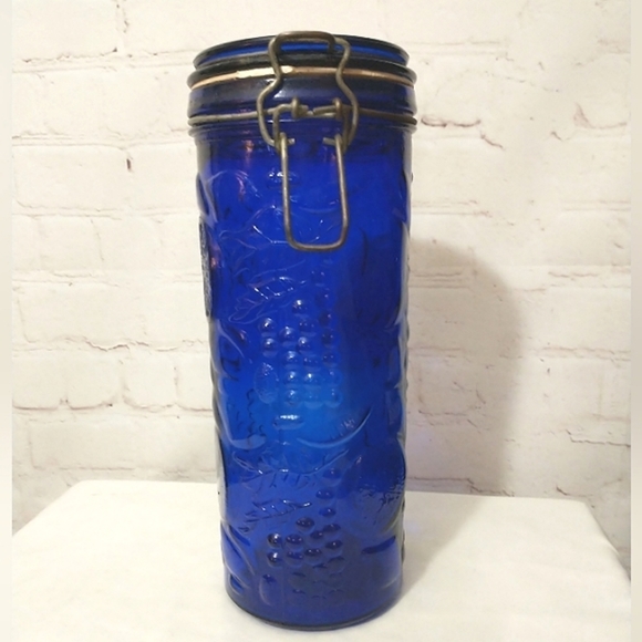 Vintage Cobalt Blue Glass Fruit Embossed Canister with Metal Hinged Lid 10" - Picture 2 of 10